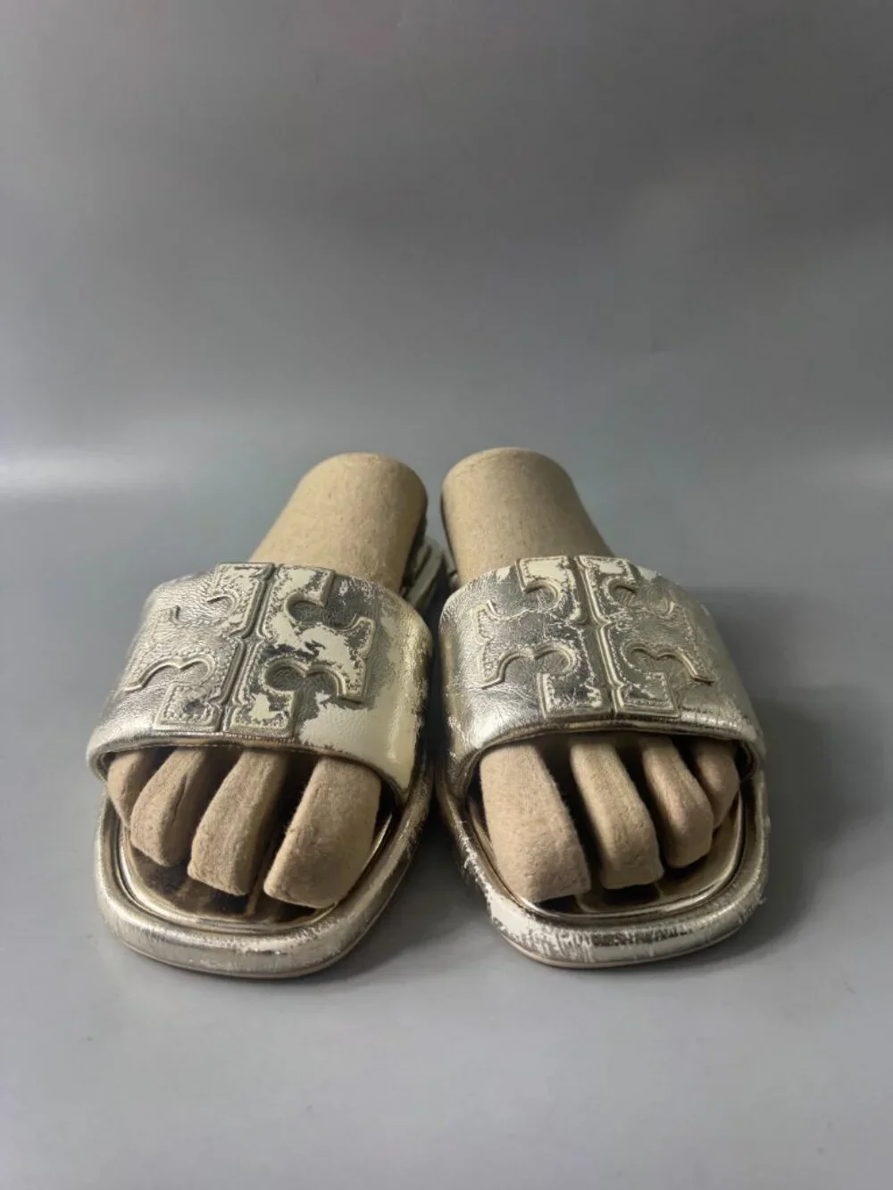 TORY BURCH Double T Sport Metallic Slide Sandals In Spark Gold- Size US 8